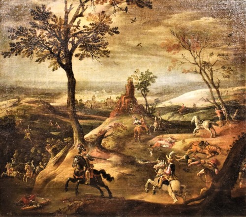 Assault on the village with clash between knights, 17th c. Flemish master